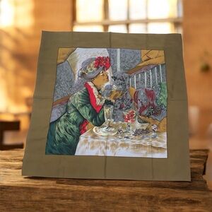 Vintage Olive/Multi French Impressionist Art Print with Woman and Dog Sz 40”X36”